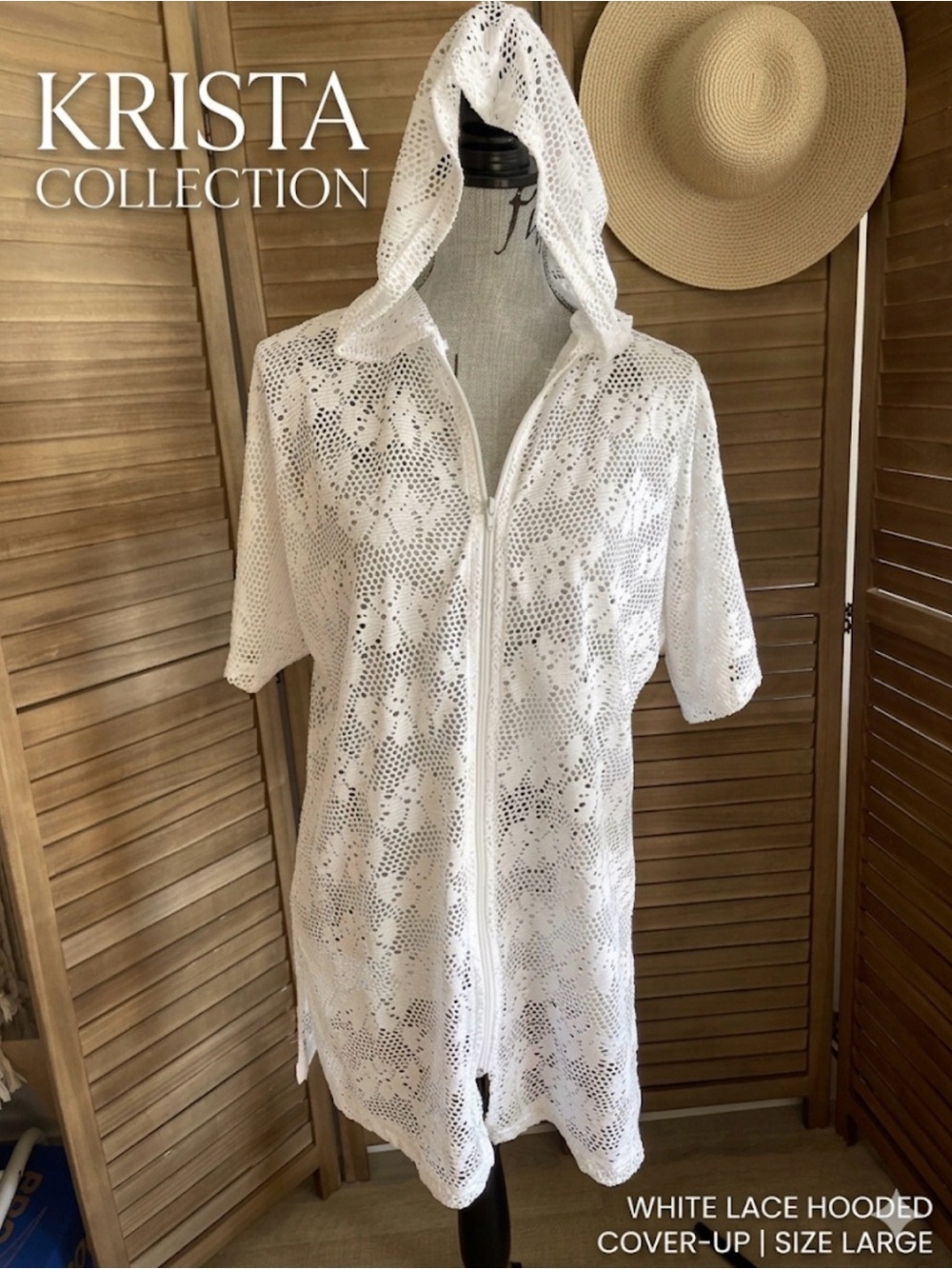 Krista Collection White Open Knit Lace Hooded Swim Cover Up Zip Front Jacket L
